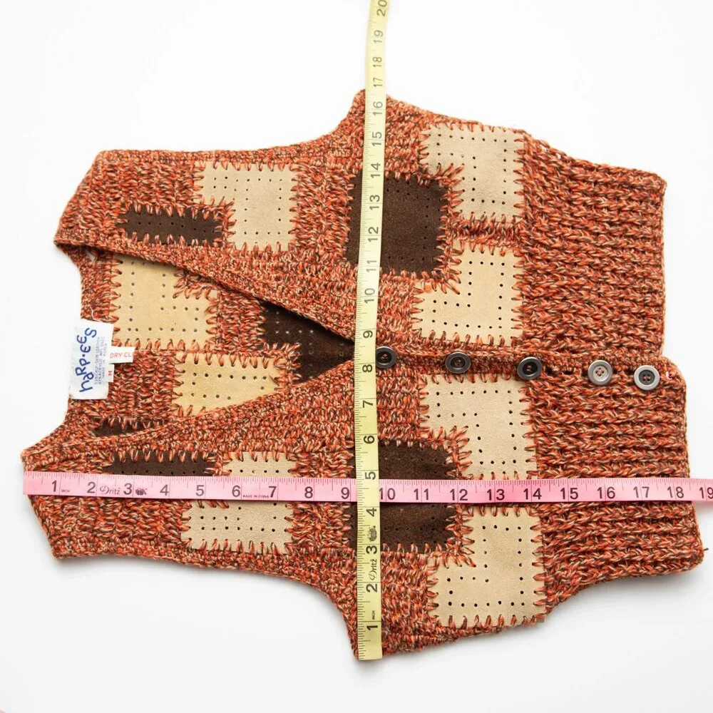 Harpees Vest Vintage Leather Knit 70s Patchwork Knit Brown Tan Rust Size Medium - Picture 4 of 4
